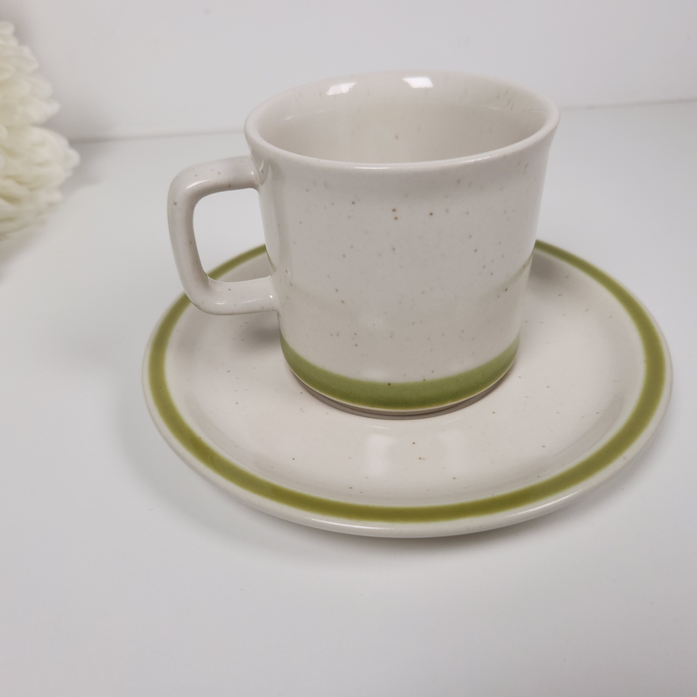 Vintage 70s Stonybrook Speckled Stoneware Green Band Coffee Mug & Saucer Japan